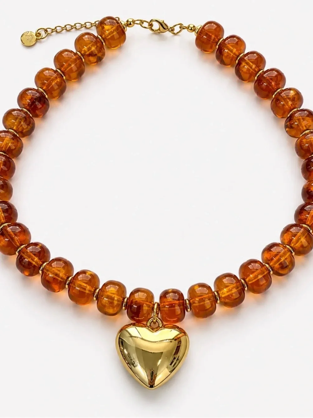New Mayamar Amber resin Bead Necklace with Gold puffy heart Pendant -